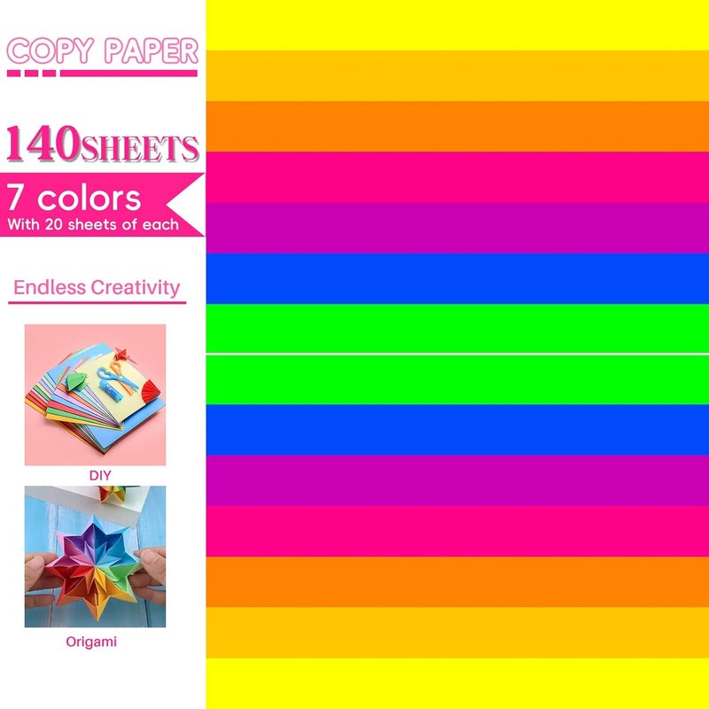 Magecubiku Colored Copy paper 8.5X11 Inches,140 Sheets 20 lb/80GSM 7 Colors Neon Fluorescent Letter Size Printer Multipurpose Paper for Office School Education Daily Printing,Document Copying,Study - Image 4